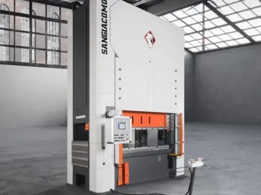 Advanced Sangiacomo servo press machine in an industrial environment.