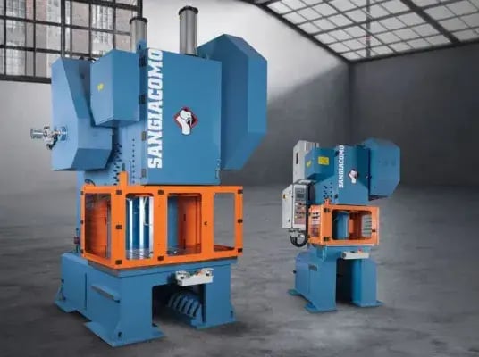 Pair of Sangiacomo servo stamping press machines in a modern factory.